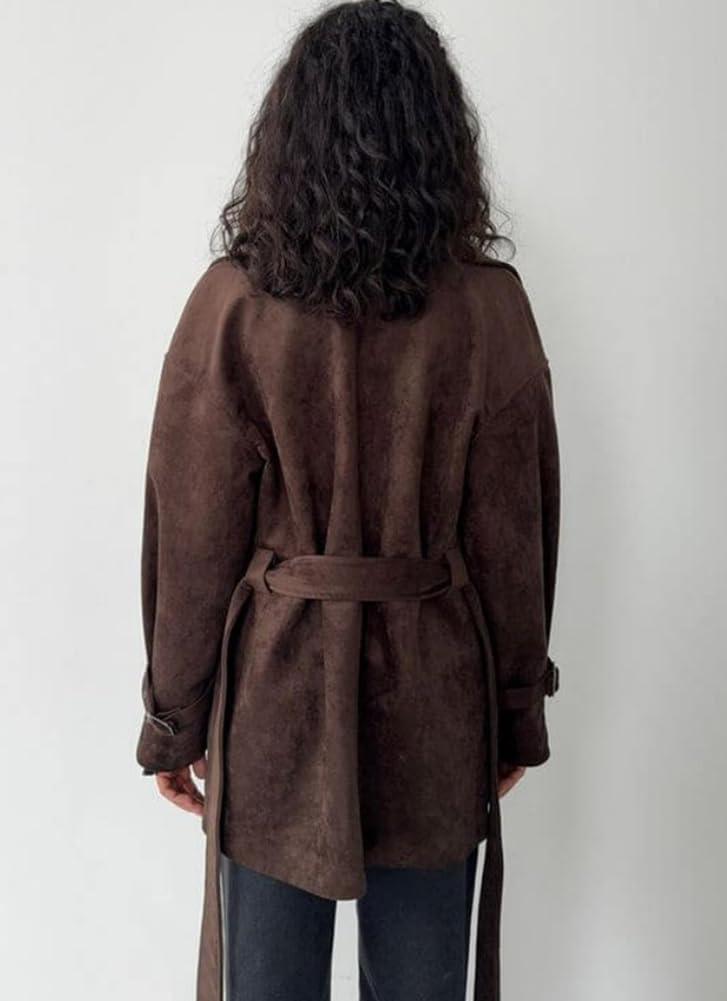 imagechouyatou Womens Fall Boyfriend Faux Suede Leather Jacket Notch Lapel Belted Midi Long Shacket CoatCoffee