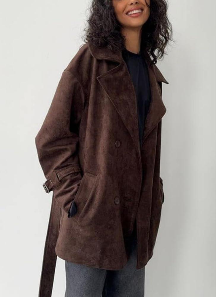 imagechouyatou Womens Fall Boyfriend Faux Suede Leather Jacket Notch Lapel Belted Midi Long Shacket CoatCoffee