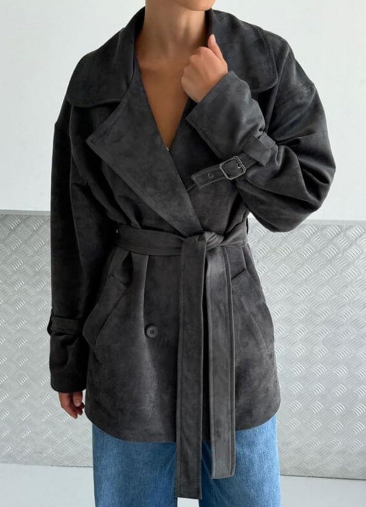 imagechouyatou Womens Fall Boyfriend Faux Suede Leather Jacket Notch Lapel Belted Midi Long Shacket CoatDark Grey
