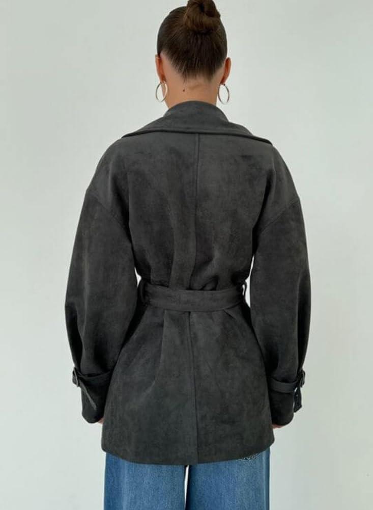 imagechouyatou Womens Fall Boyfriend Faux Suede Leather Jacket Notch Lapel Belted Midi Long Shacket CoatDark Grey