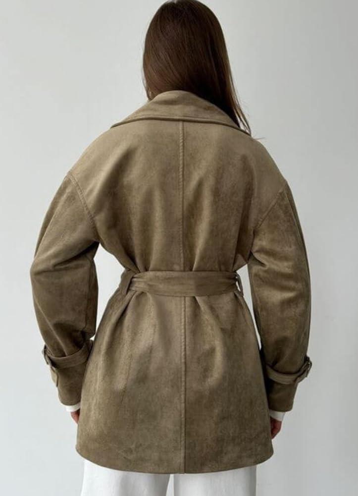 imagechouyatou Womens Fall Boyfriend Faux Suede Leather Jacket Notch Lapel Belted Midi Long Shacket CoatKhaki