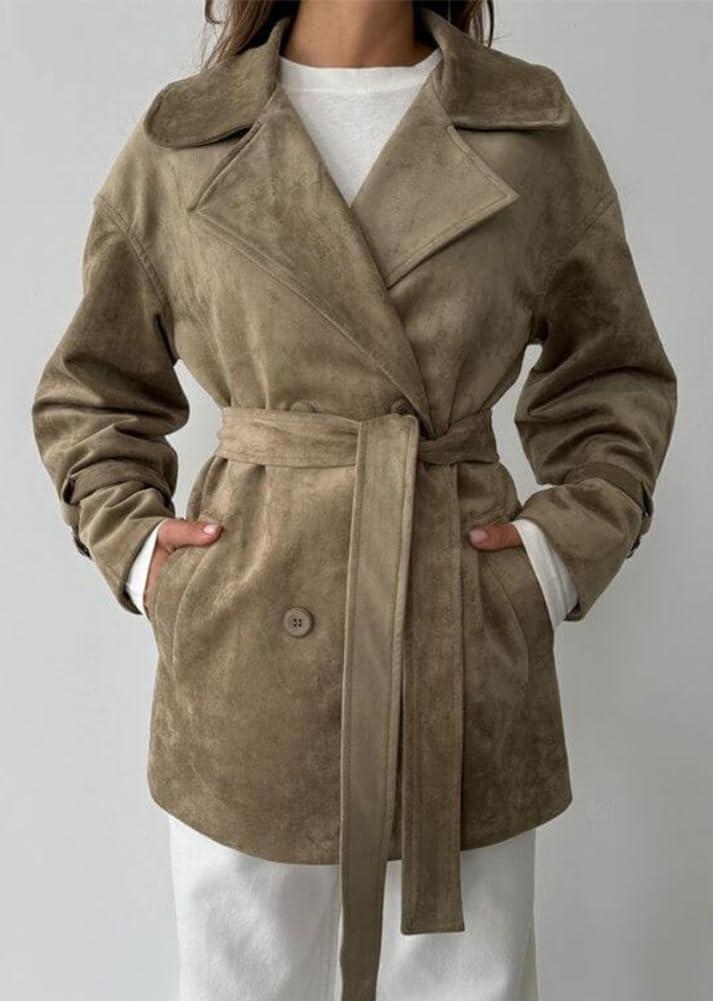 imagechouyatou Womens Fall Boyfriend Faux Suede Leather Jacket Notch Lapel Belted Midi Long Shacket CoatKhaki