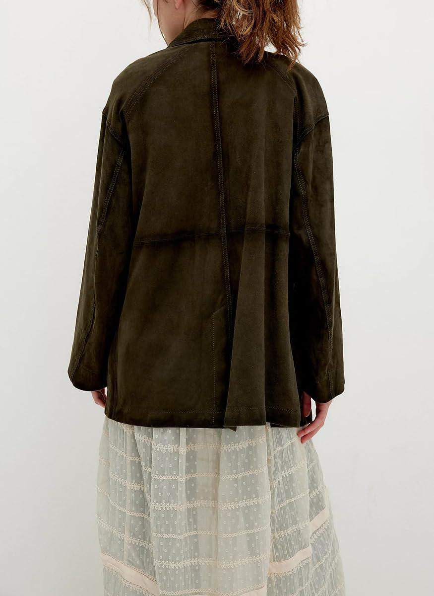imagechouyatou Womens Fall Casual Faux Suede Leather Jacket Boyfriend Button Down Shacket Coat with PocketsArmy Green