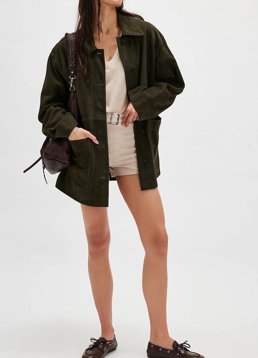 imagechouyatou Womens Fall Casual Faux Suede Leather Jacket Boyfriend Button Down Shacket Coat with PocketsArmy Green