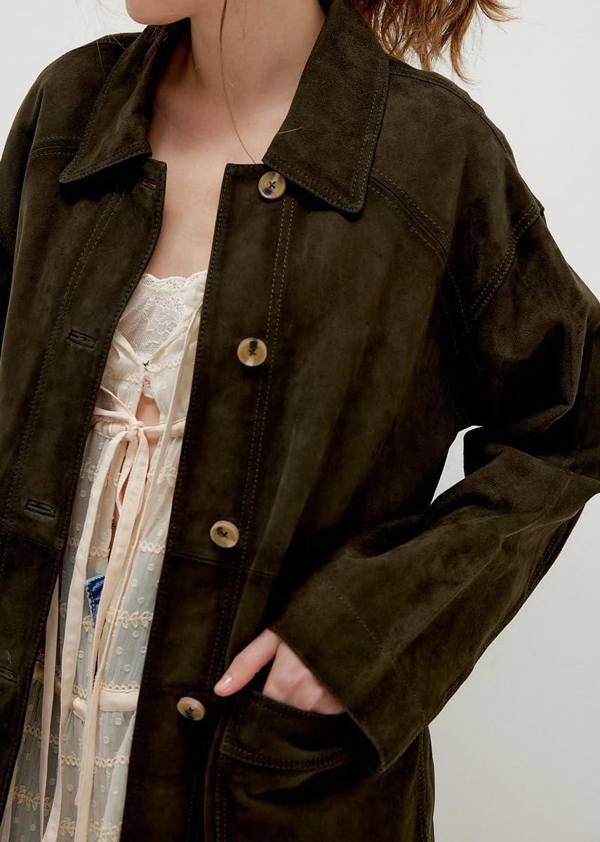 imagechouyatou Womens Fall Casual Faux Suede Leather Jacket Boyfriend Button Down Shacket Coat with PocketsArmy Green