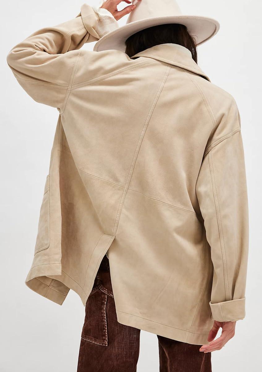imagechouyatou Womens Fall Casual Faux Suede Leather Jacket Boyfriend Button Down Shacket Coat with PocketsBeige Apricot