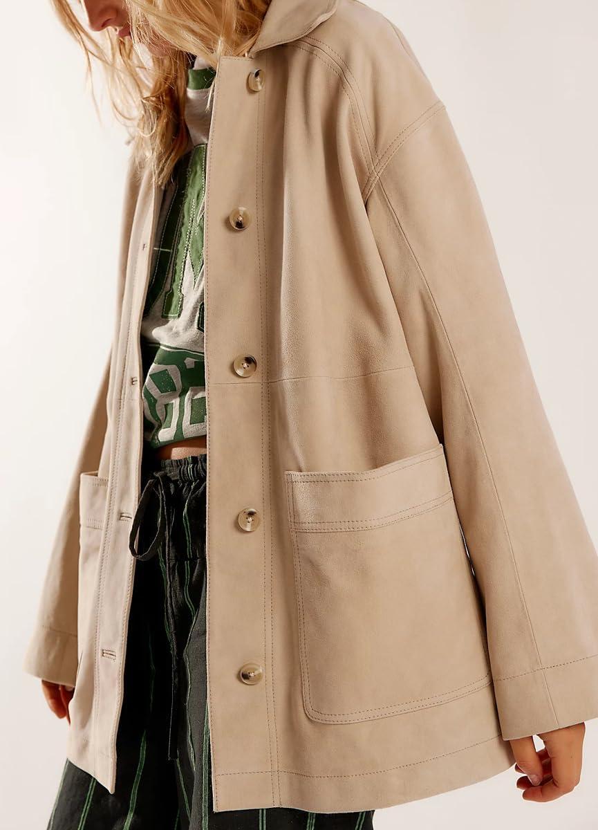 imagechouyatou Womens Fall Casual Faux Suede Leather Jacket Boyfriend Button Down Shacket Coat with PocketsBeige Apricot