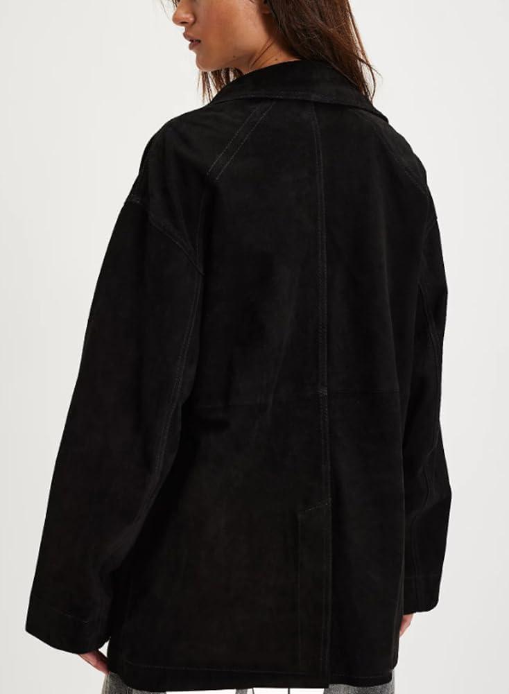 imagechouyatou Womens Fall Casual Faux Suede Leather Jacket Boyfriend Button Down Shacket Coat with PocketsBlack