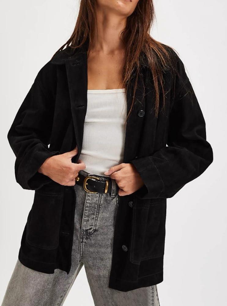 imagechouyatou Womens Fall Casual Faux Suede Leather Jacket Boyfriend Button Down Shacket Coat with PocketsBlack