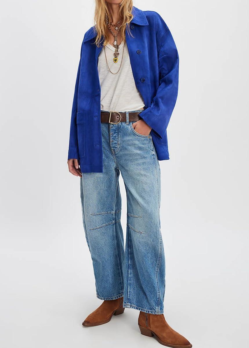 imagechouyatou Womens Fall Casual Faux Suede Leather Jacket Boyfriend Button Down Shacket Coat with PocketsBlue