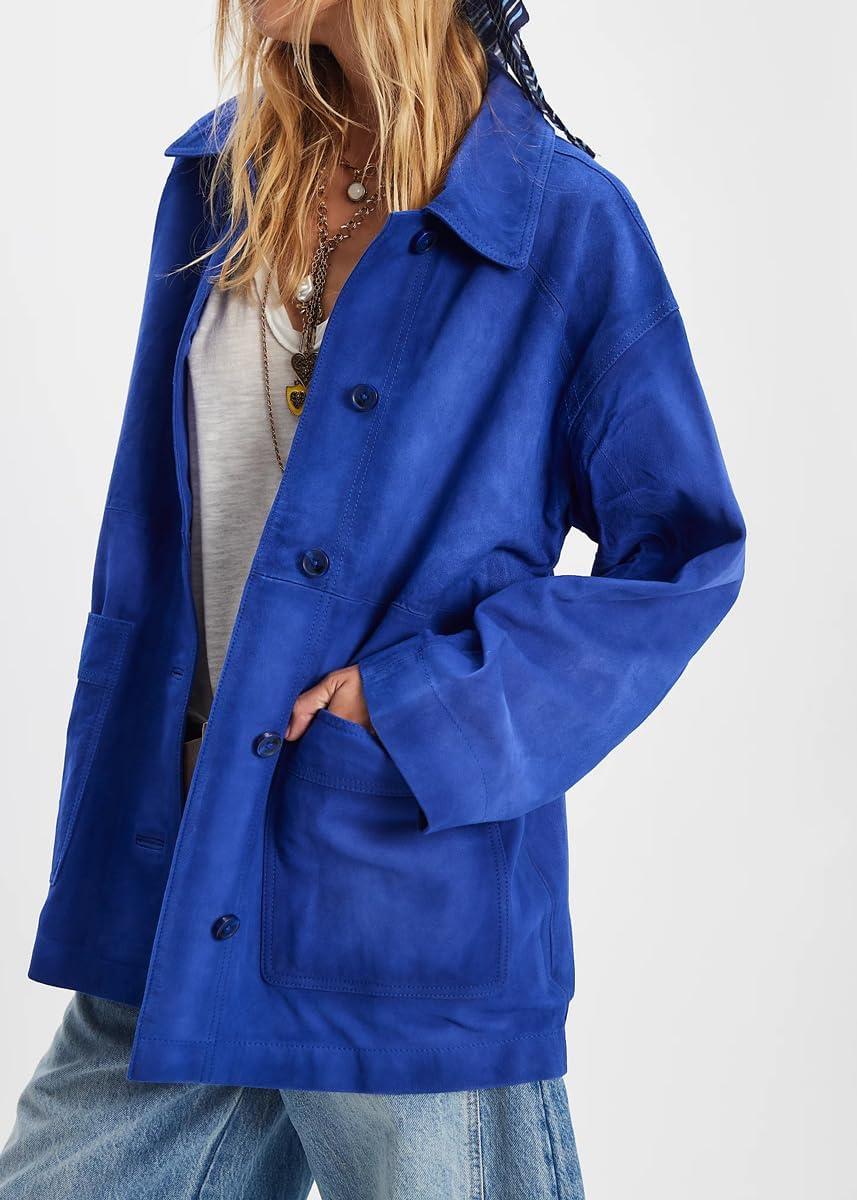 imagechouyatou Womens Fall Casual Faux Suede Leather Jacket Boyfriend Button Down Shacket Coat with PocketsBlue