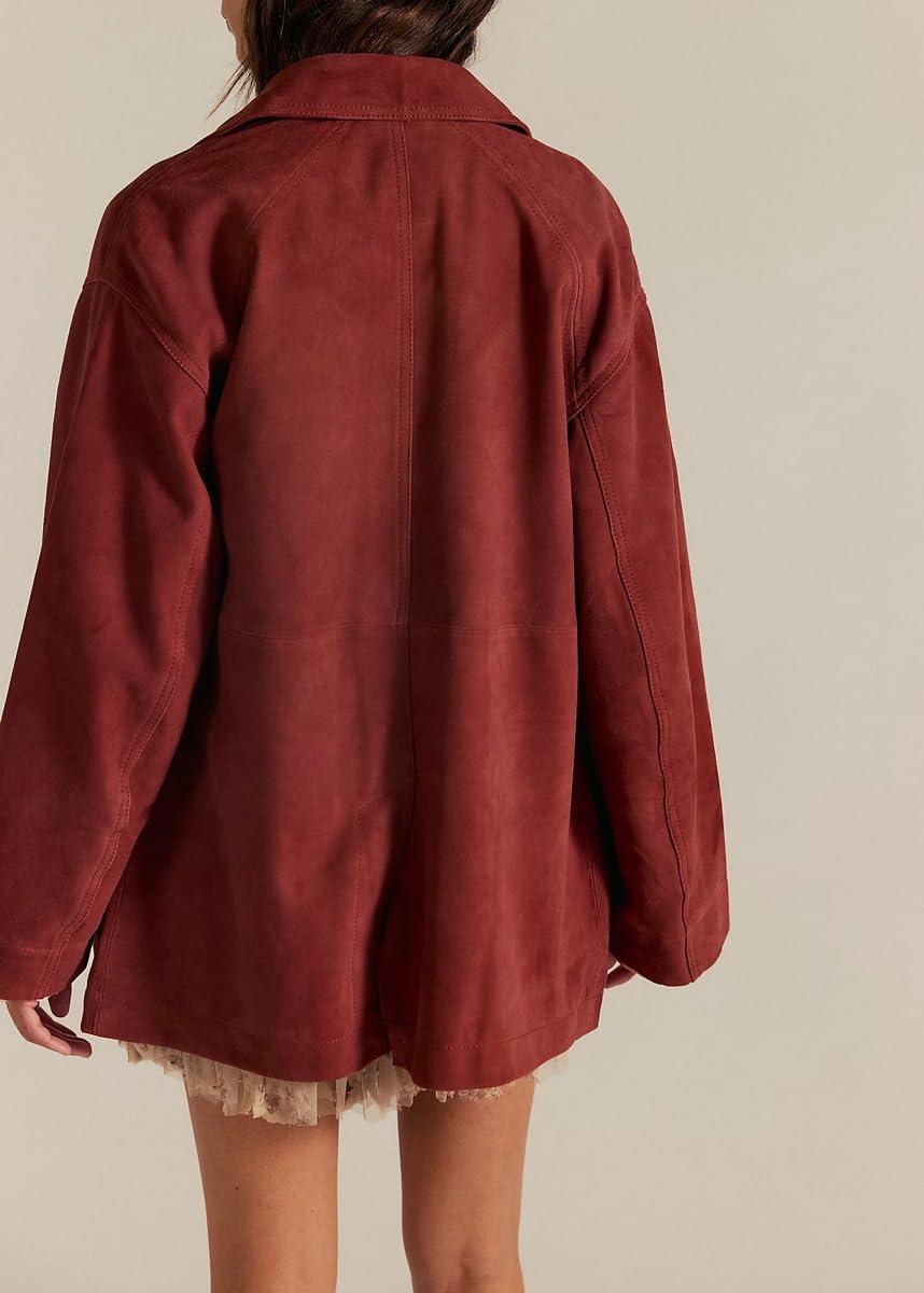 imagechouyatou Womens Fall Casual Faux Suede Leather Jacket Boyfriend Button Down Shacket Coat with PocketsBrick Red
