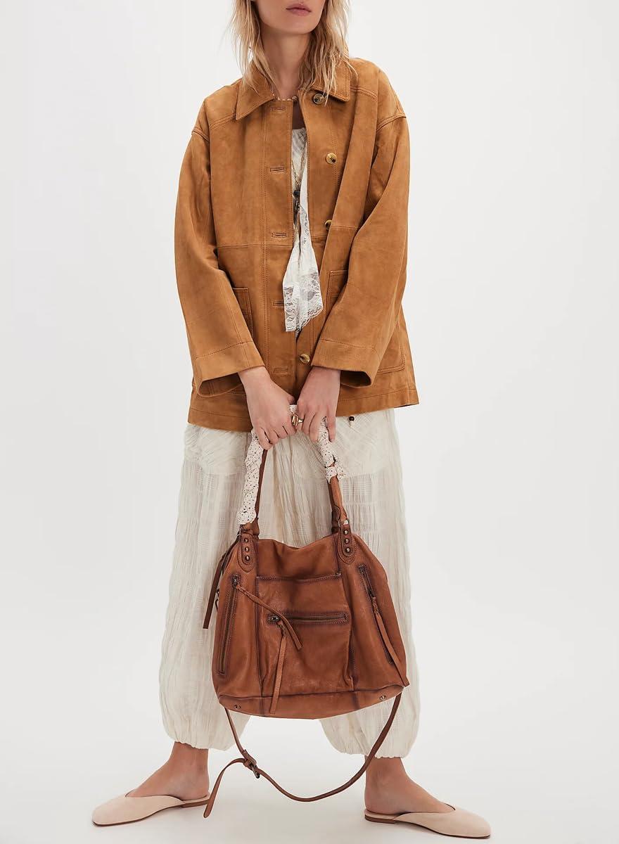 imagechouyatou Womens Fall Casual Faux Suede Leather Jacket Boyfriend Button Down Shacket Coat with PocketsCamel