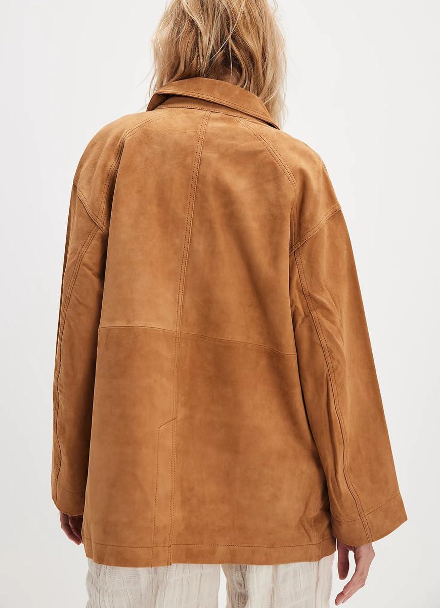 imagechouyatou Womens Fall Casual Faux Suede Leather Jacket Boyfriend Button Down Shacket Coat with PocketsCamel