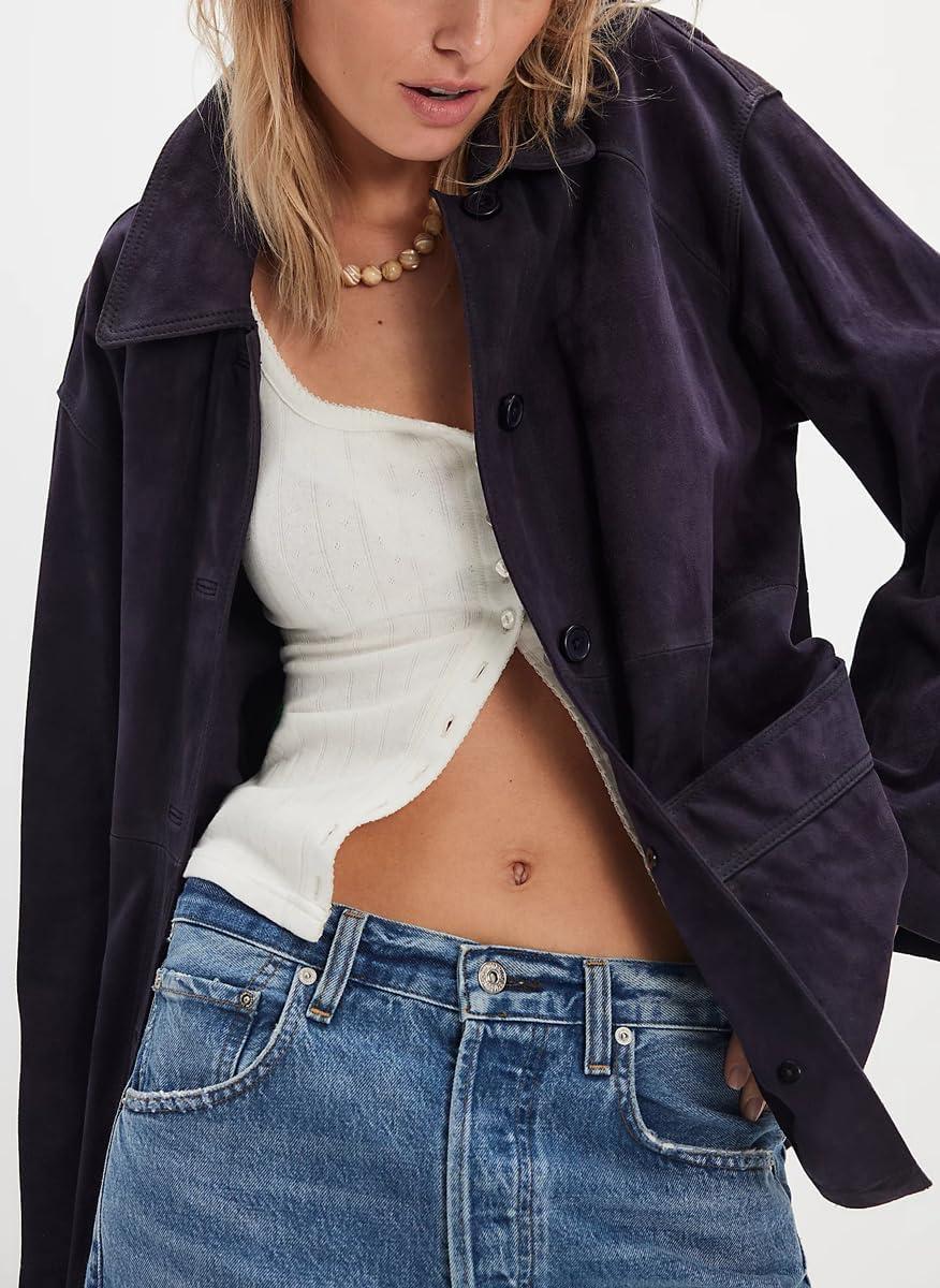 imagechouyatou Womens Fall Casual Faux Suede Leather Jacket Boyfriend Button Down Shacket Coat with PocketsNavy Blue
