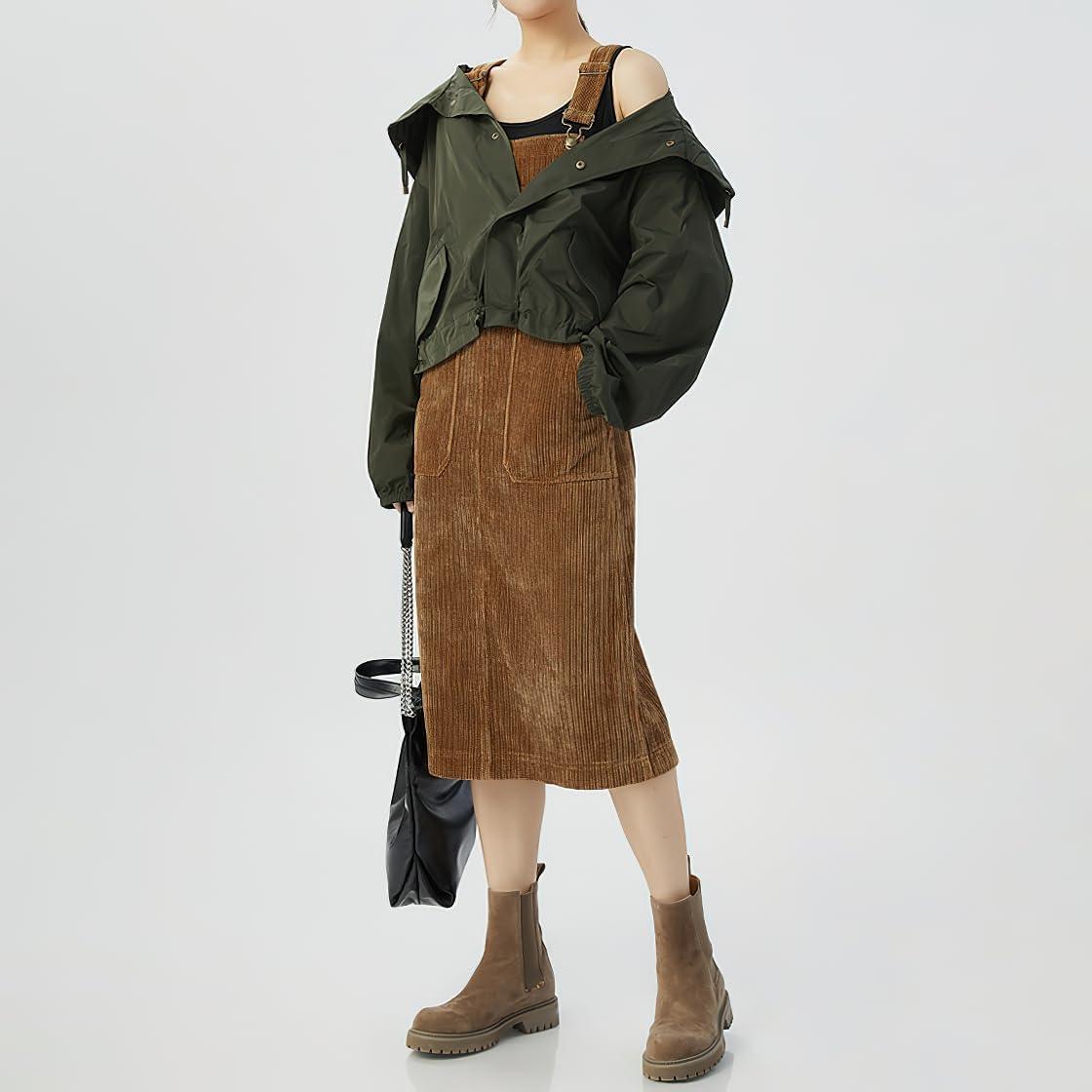 imagechouyatou Womens Fall Corduroy Adjustable Strap Overall Dress Pinafore Elegant Midi Tank DressBrown