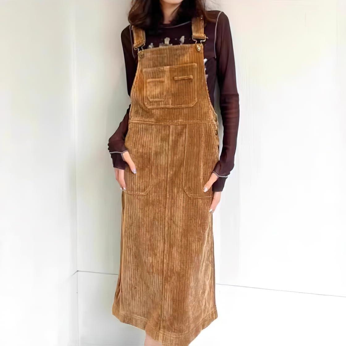 imagechouyatou Womens Fall Corduroy Adjustable Strap Overall Dress Pinafore Elegant Midi Tank DressBrown
