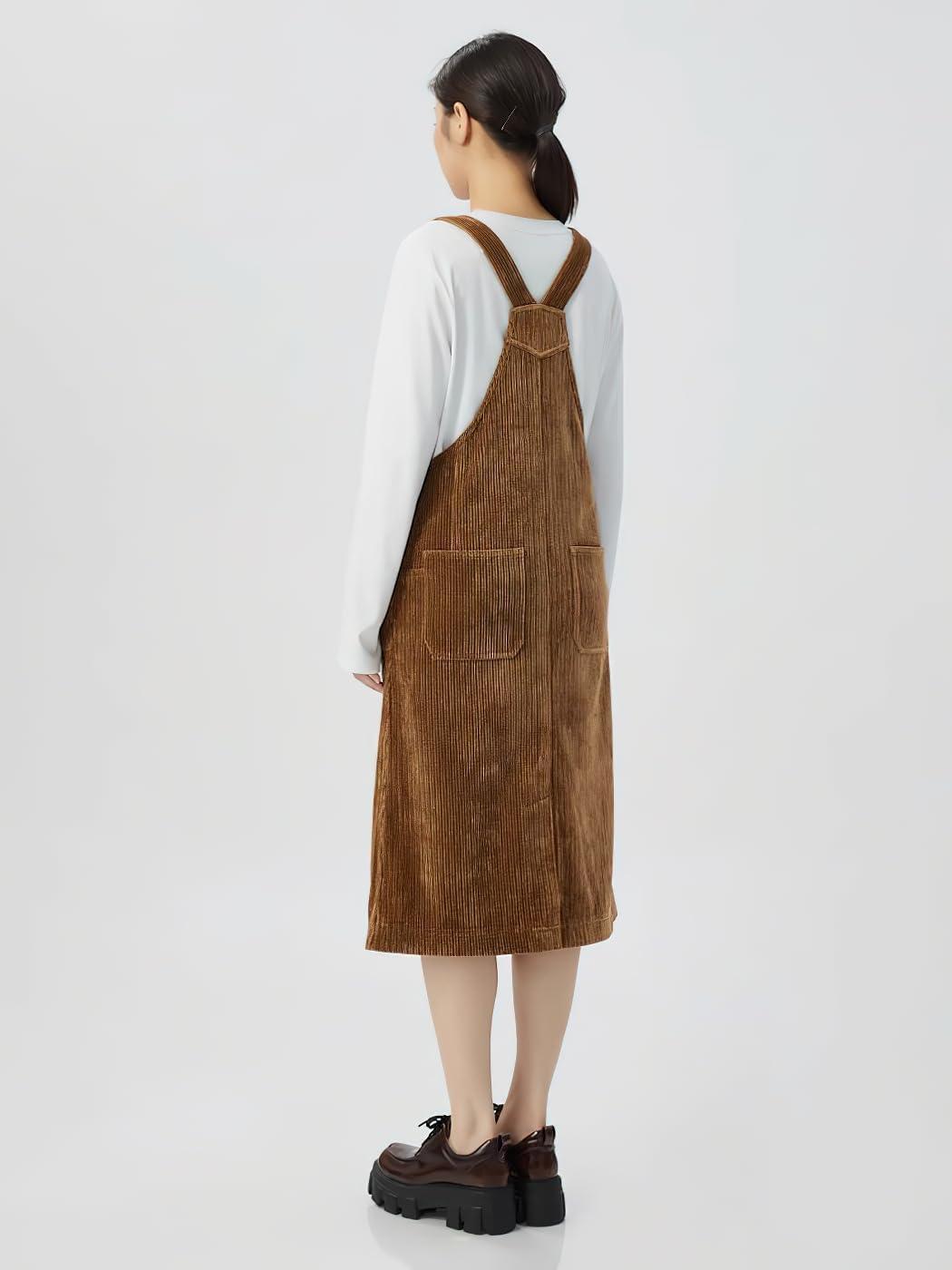 imagechouyatou Womens Fall Corduroy Adjustable Strap Overall Dress Pinafore Elegant Midi Tank DressBrown