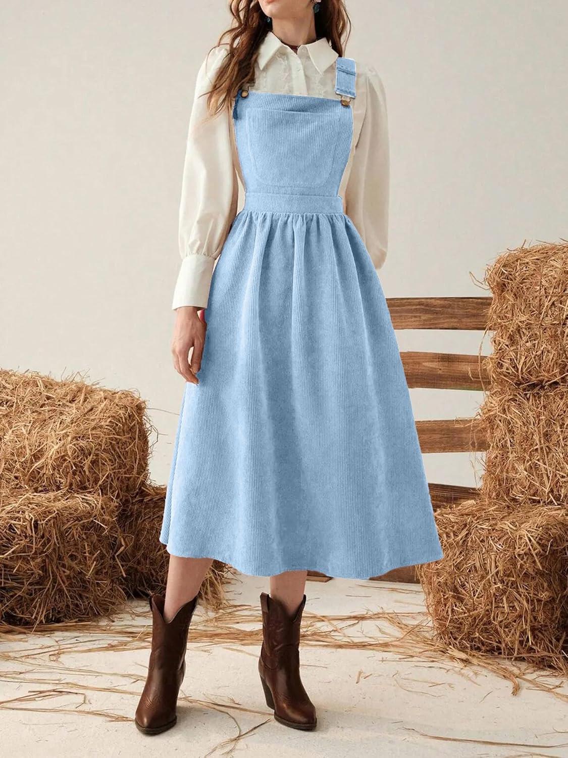 imagechouyatou Womens Fall Corduroy Overall Dress Adjustable Strap A Line Flare Pinafore Midi Jumper DressAzure