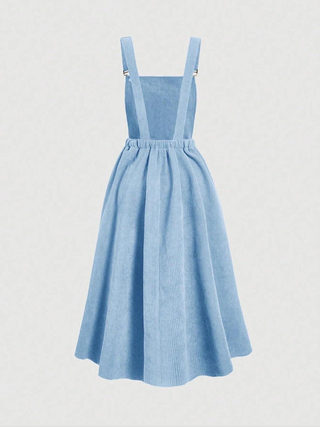 imagechouyatou Womens Fall Corduroy Overall Dress Adjustable Strap A Line Flare Pinafore Midi Jumper DressAzure