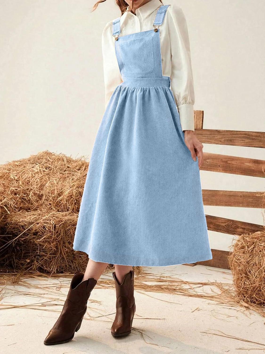 imagechouyatou Womens Fall Corduroy Overall Dress Adjustable Strap A Line Flare Pinafore Midi Jumper DressAzure