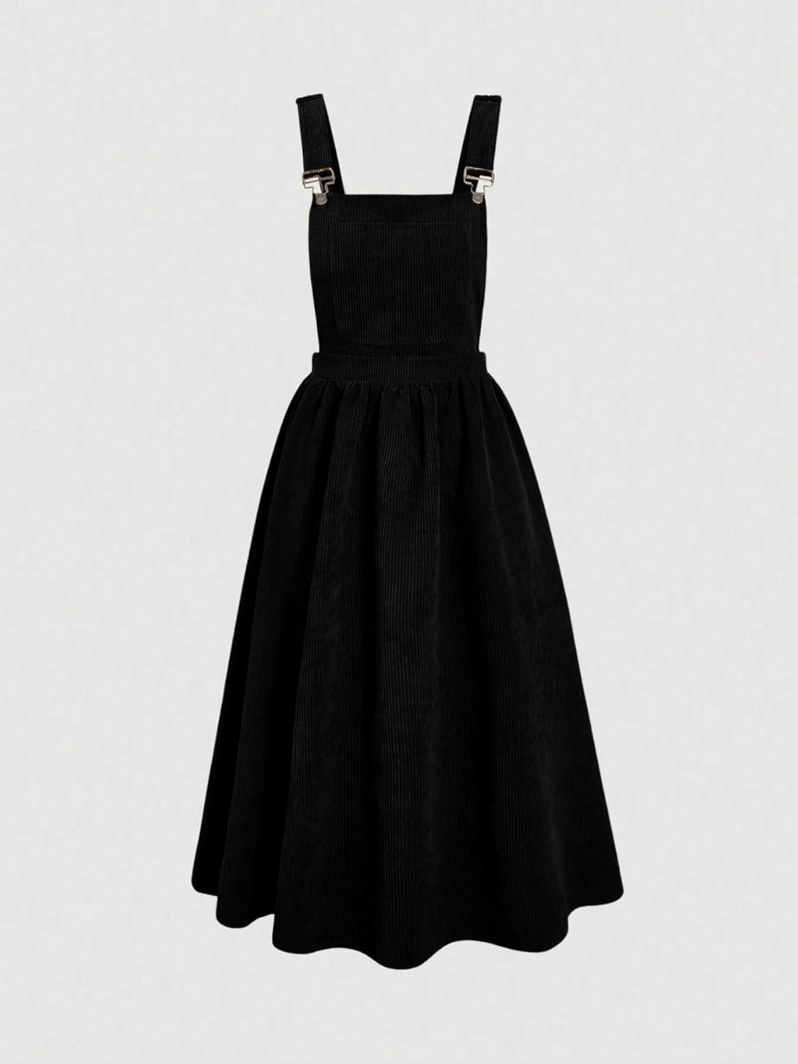 imagechouyatou Womens Fall Corduroy Overall Dress Adjustable Strap A Line Flare Pinafore Midi Jumper DressBlack