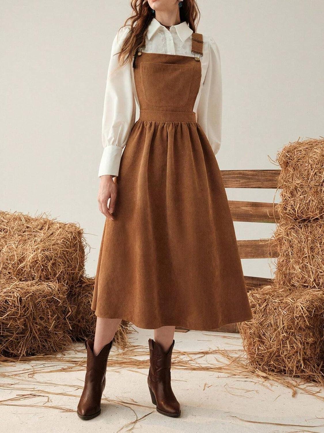 imagechouyatou Womens Fall Corduroy Overall Dress Adjustable Strap A Line Flare Pinafore Midi Jumper DressBrown