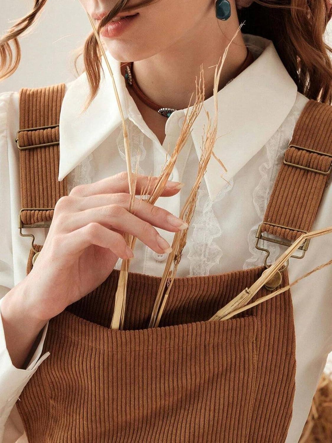 imagechouyatou Womens Fall Corduroy Overall Dress Adjustable Strap A Line Flare Pinafore Midi Jumper DressBrown