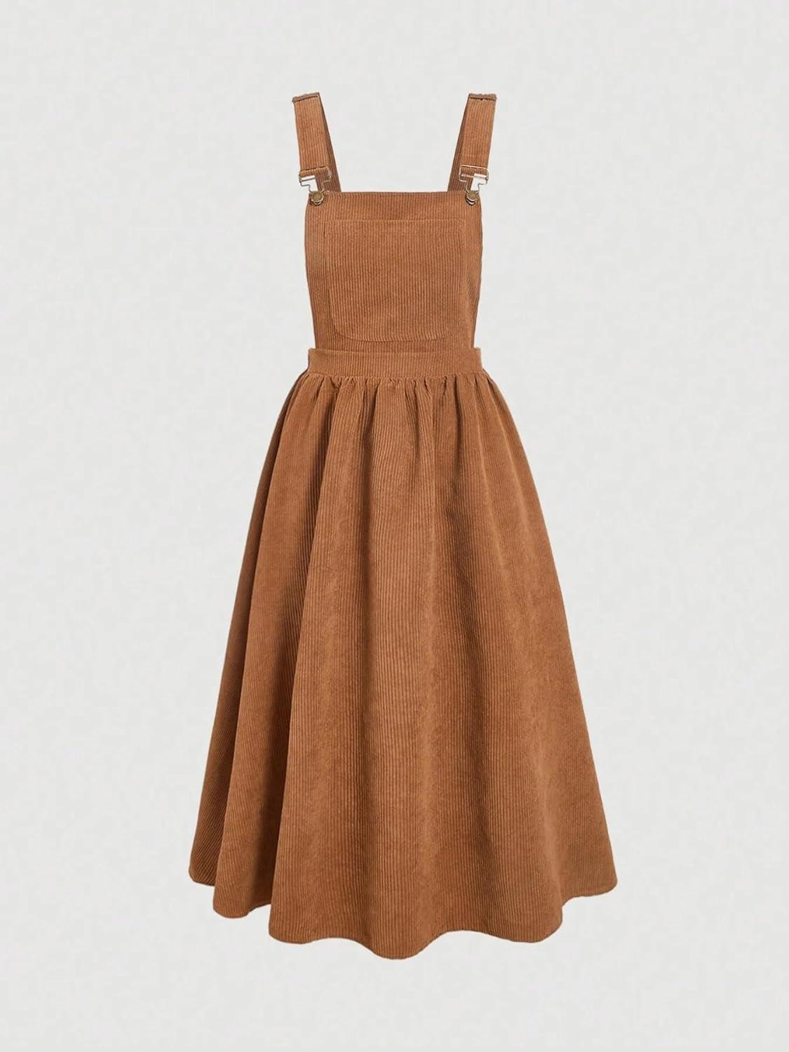 imagechouyatou Womens Fall Corduroy Overall Dress Adjustable Strap A Line Flare Pinafore Midi Jumper DressBrown