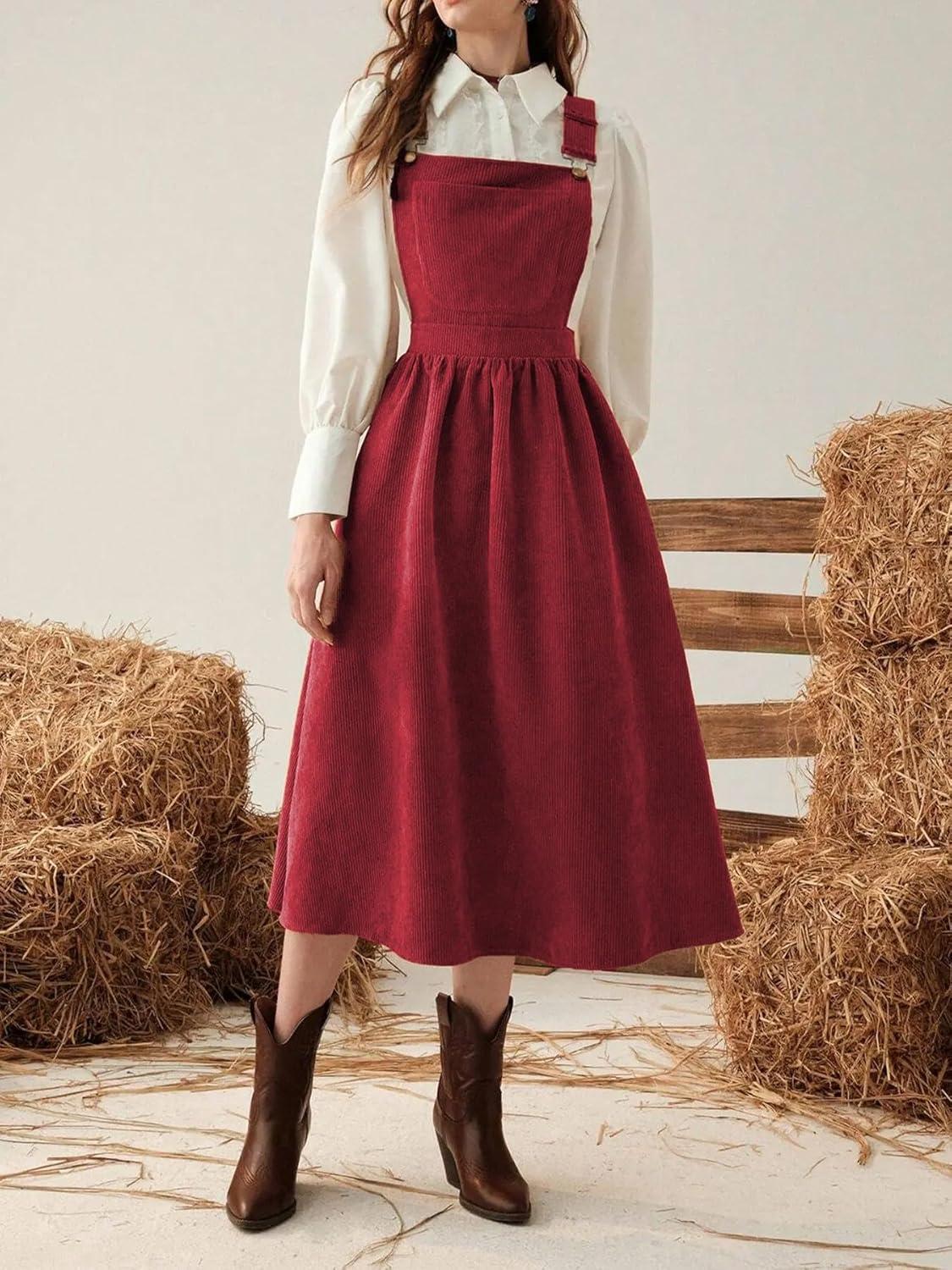 imagechouyatou Womens Fall Corduroy Overall Dress Adjustable Strap A Line Flare Pinafore Midi Jumper DressRed