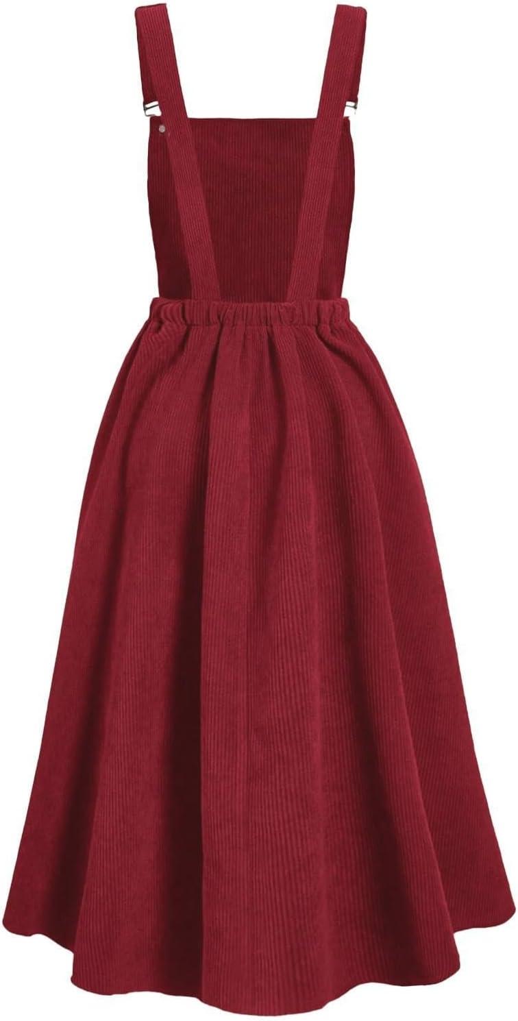 imagechouyatou Womens Fall Corduroy Overall Dress Adjustable Strap A Line Flare Pinafore Midi Jumper DressRed