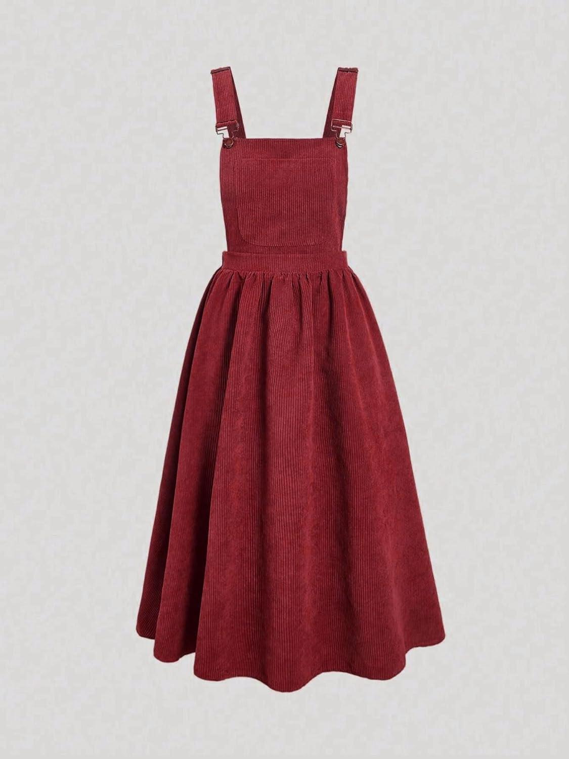 imagechouyatou Womens Fall Corduroy Overall Dress Adjustable Strap A Line Flare Pinafore Midi Jumper DressRed