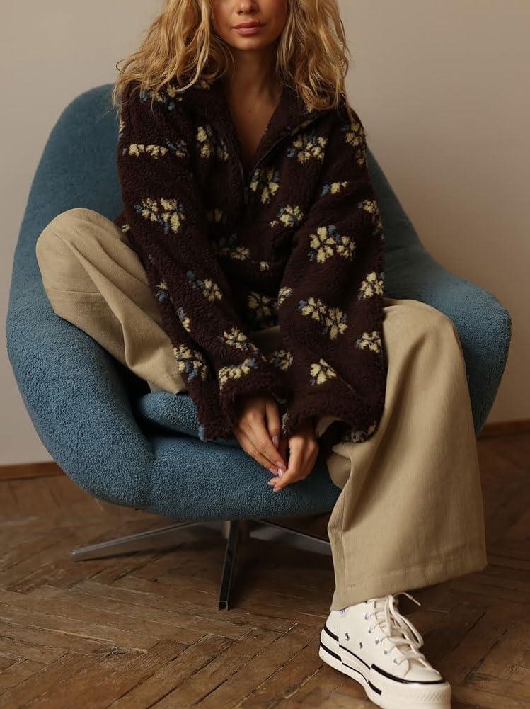 imagechouyatou Womens Fall Cute Floral Faux Fur Pullover Fleece Sweatshirt Y2k Casual Zip Up Winter Sherpa JacketCoffee