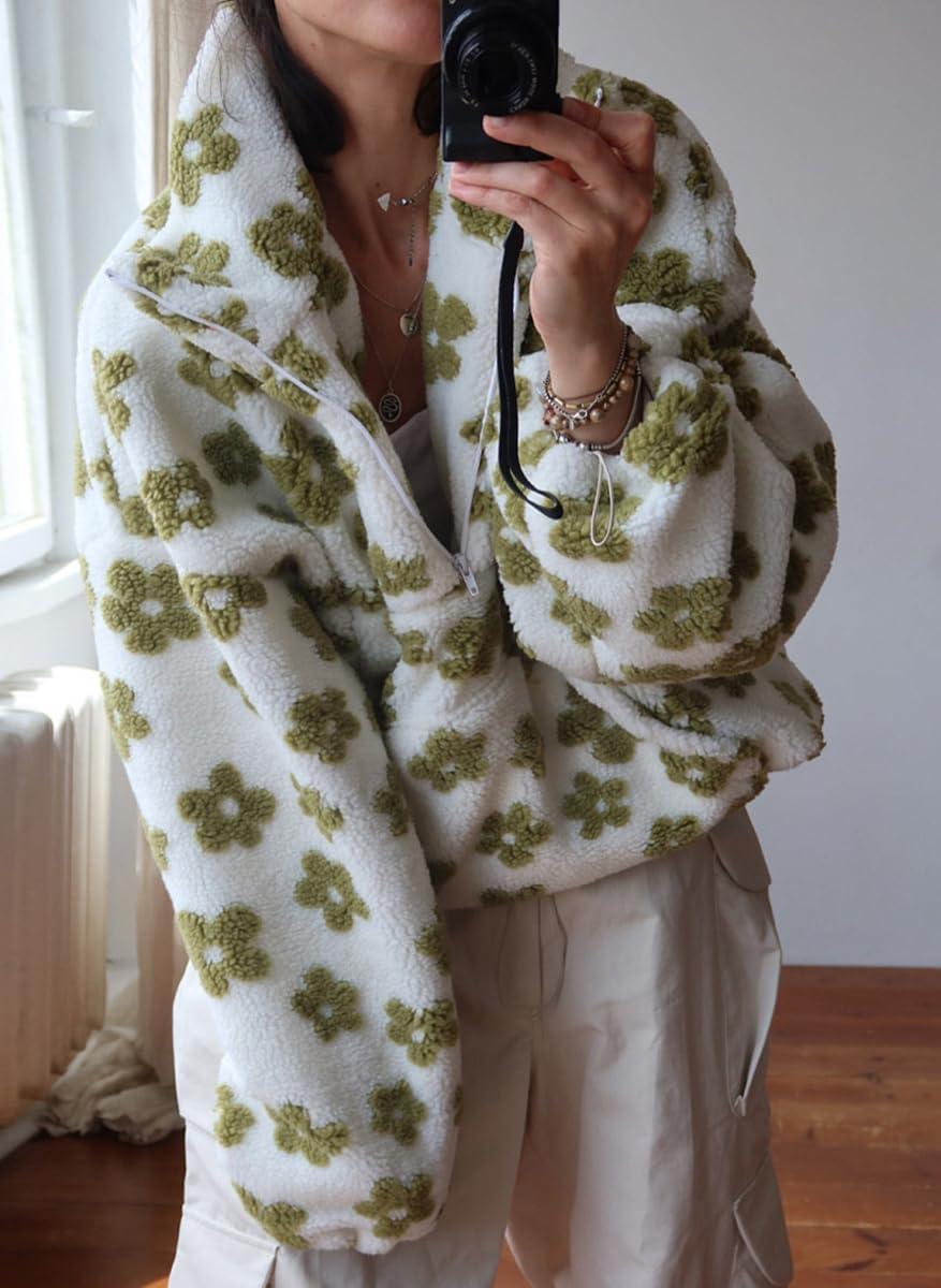 imagechouyatou Womens Fall Cute Floral Faux Fur Pullover Fleece Sweatshirt Y2k Casual Zip Up Winter Sherpa JacketGreen