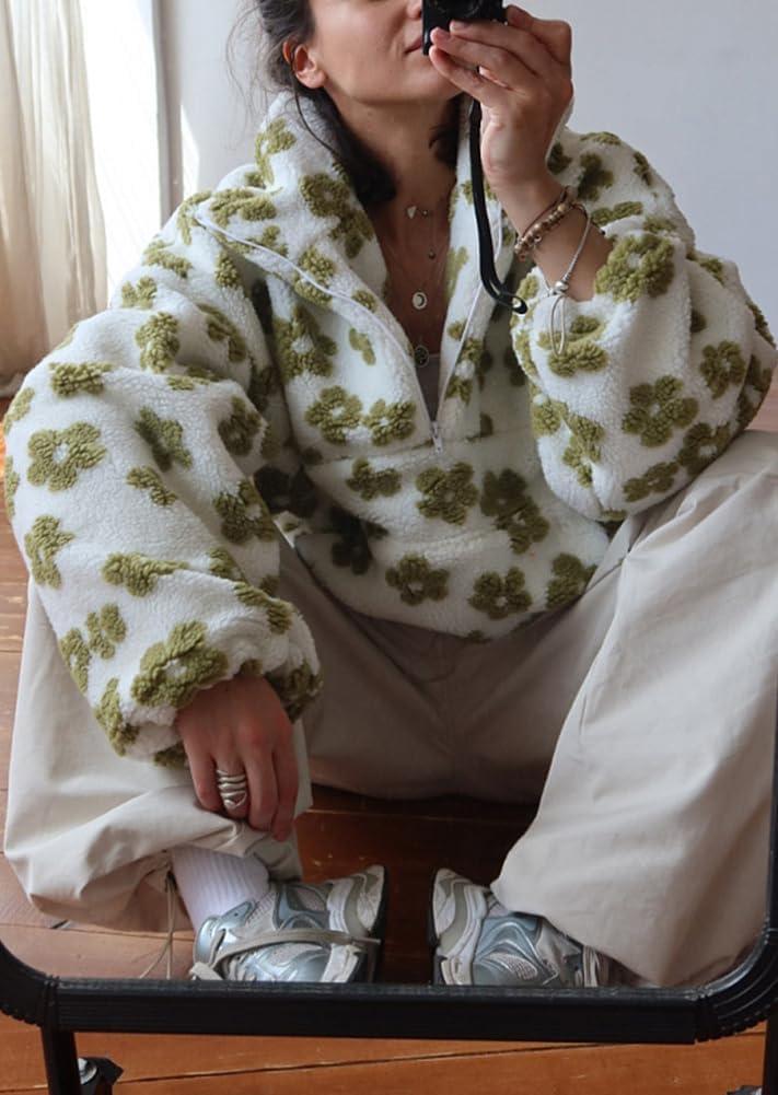 imagechouyatou Womens Fall Cute Floral Faux Fur Pullover Fleece Sweatshirt Y2k Casual Zip Up Winter Sherpa JacketGreen
