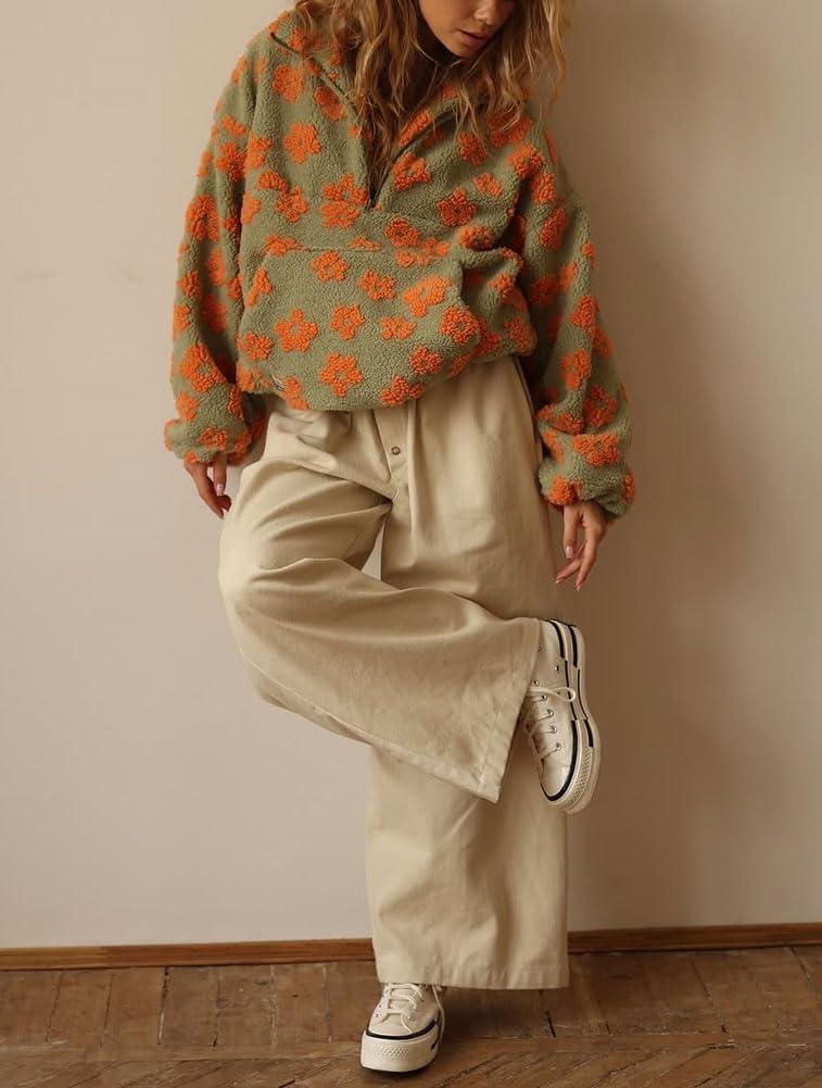 imagechouyatou Womens Fall Cute Floral Faux Fur Pullover Fleece Sweatshirt Y2k Casual Zip Up Winter Sherpa JacketGreen Orange