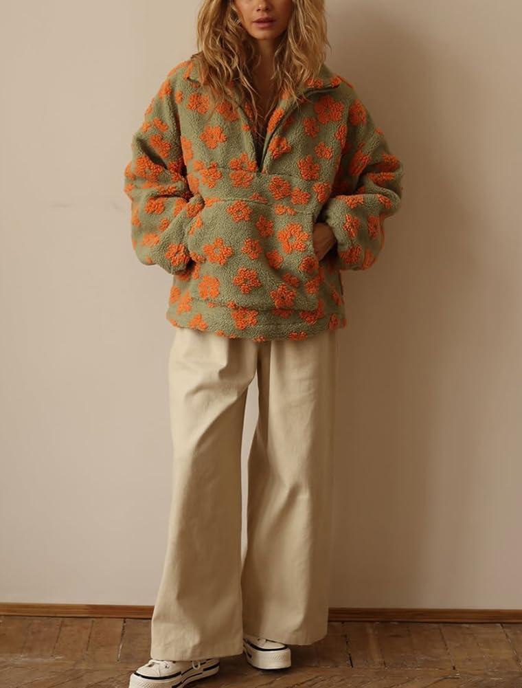 imagechouyatou Womens Fall Cute Floral Faux Fur Pullover Fleece Sweatshirt Y2k Casual Zip Up Winter Sherpa JacketGreen Orange