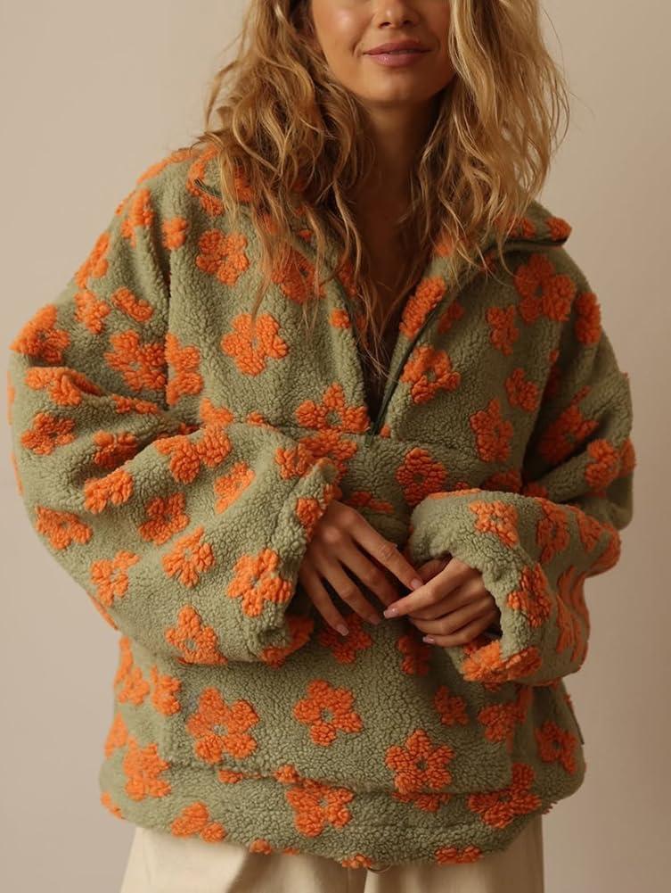 imagechouyatou Womens Fall Cute Floral Faux Fur Pullover Fleece Sweatshirt Y2k Casual Zip Up Winter Sherpa JacketGreen Orange