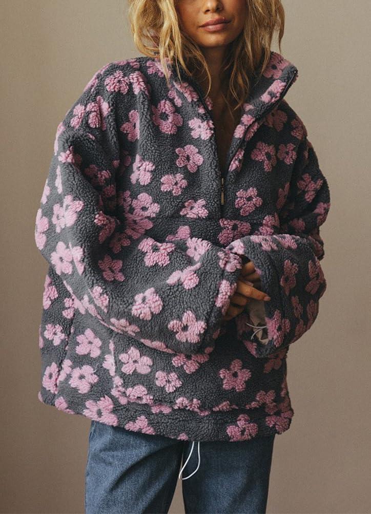 imagechouyatou Womens Fall Cute Floral Faux Fur Pullover Fleece Sweatshirt Y2k Casual Zip Up Winter Sherpa JacketGrey Pink