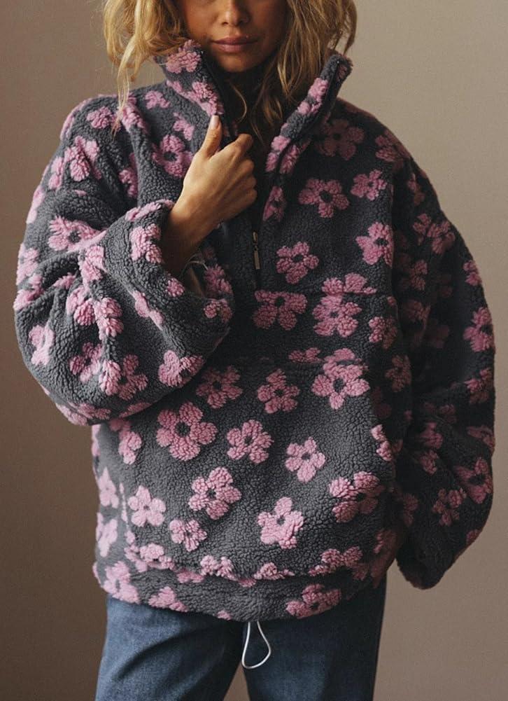 imagechouyatou Womens Fall Cute Floral Faux Fur Pullover Fleece Sweatshirt Y2k Casual Zip Up Winter Sherpa JacketGrey Pink