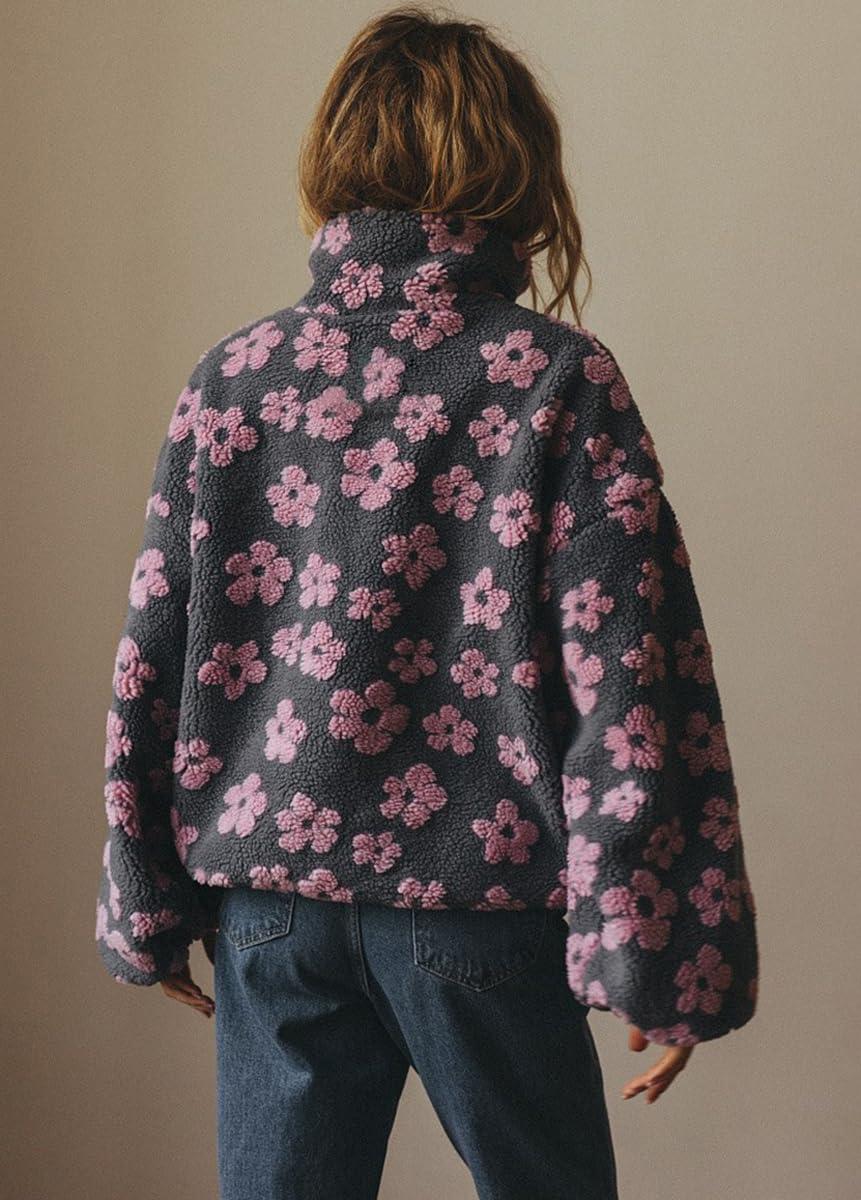 imagechouyatou Womens Fall Cute Floral Faux Fur Pullover Fleece Sweatshirt Y2k Casual Zip Up Winter Sherpa JacketGrey Pink