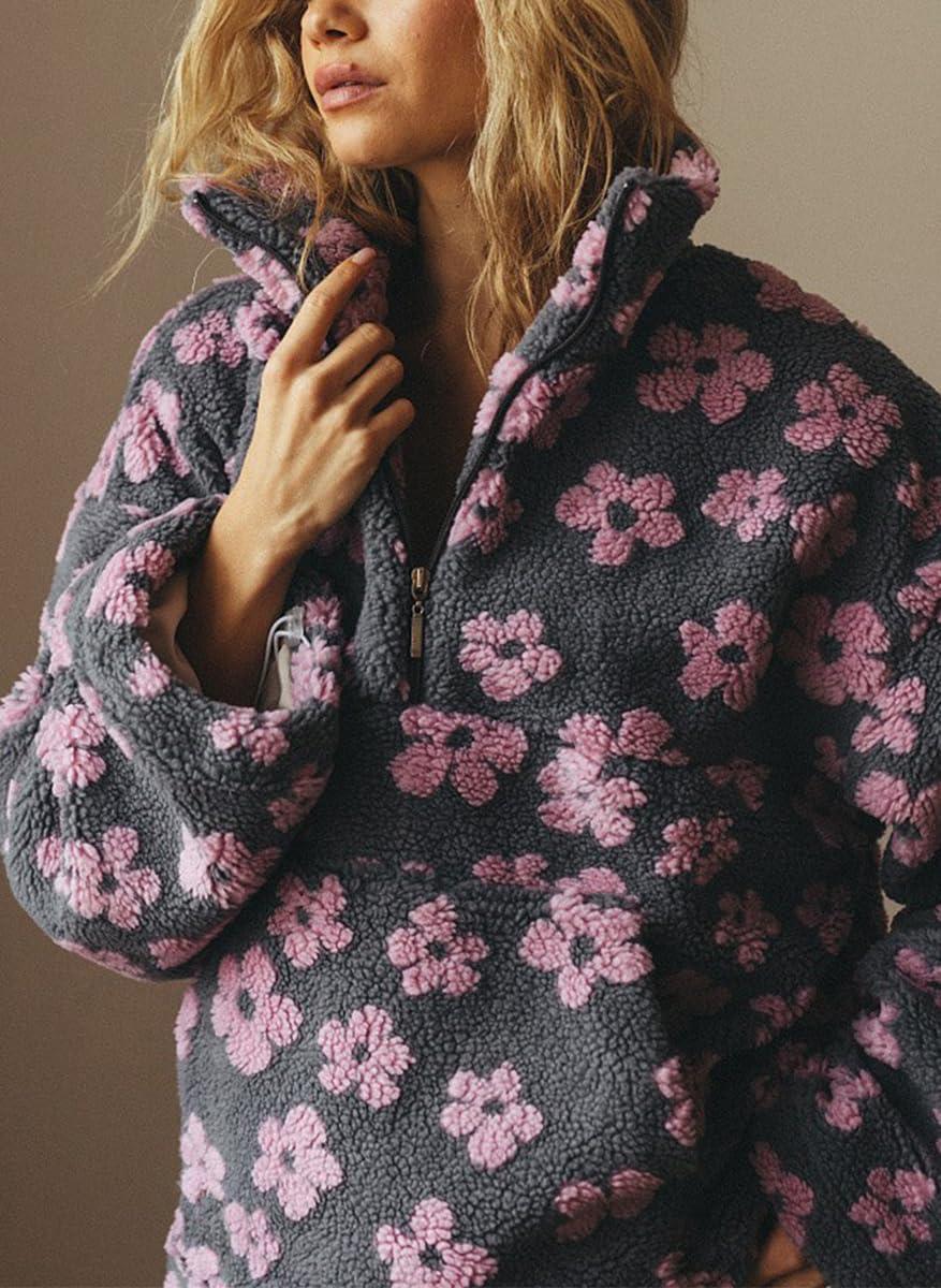 imagechouyatou Womens Fall Cute Floral Faux Fur Pullover Fleece Sweatshirt Y2k Casual Zip Up Winter Sherpa JacketGrey Pink