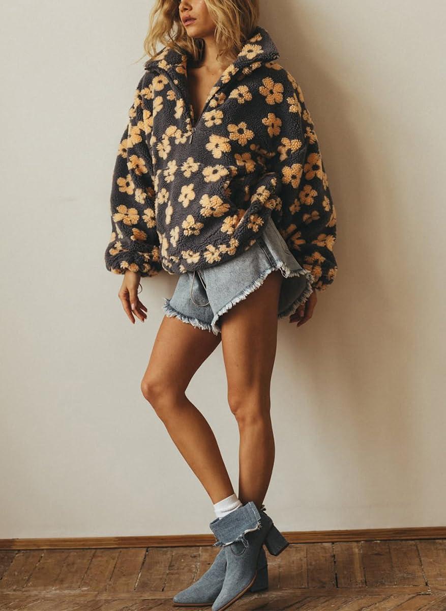 imagechouyatou Womens Fall Cute Floral Faux Fur Pullover Fleece Sweatshirt Y2k Casual Zip Up Winter Sherpa JacketGrey Yellow