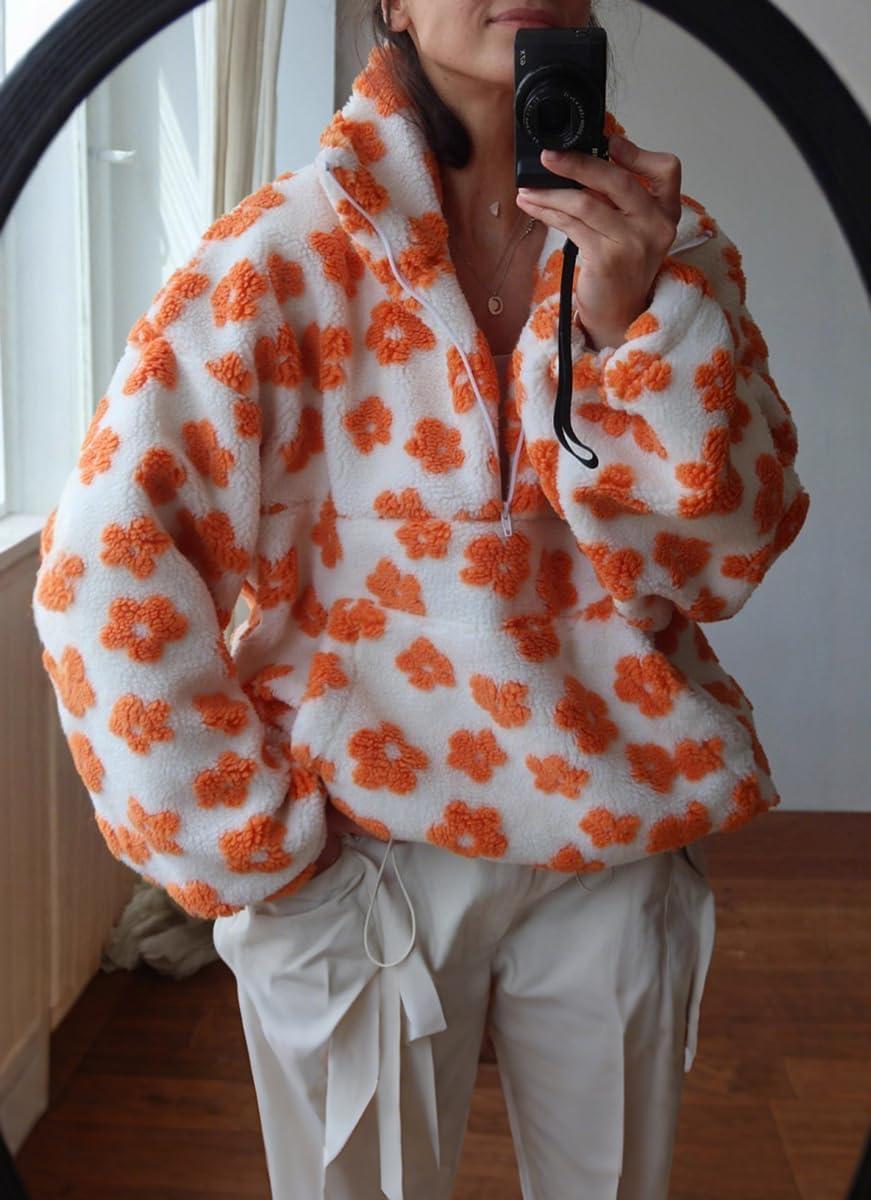 imagechouyatou Womens Fall Cute Floral Faux Fur Pullover Fleece Sweatshirt Y2k Casual Zip Up Winter Sherpa JacketOrange