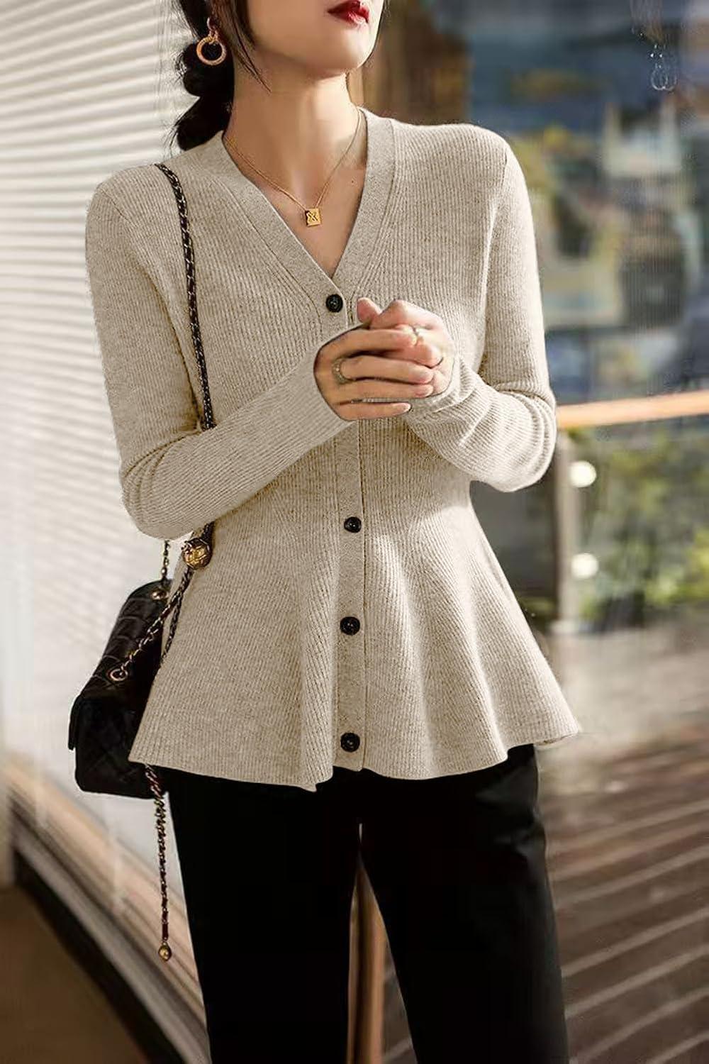imagechouyatou Womens Fall Lightweight Peplum Cardigan Sweater Button Down Cardigan Jacket Business Casual TopApricot