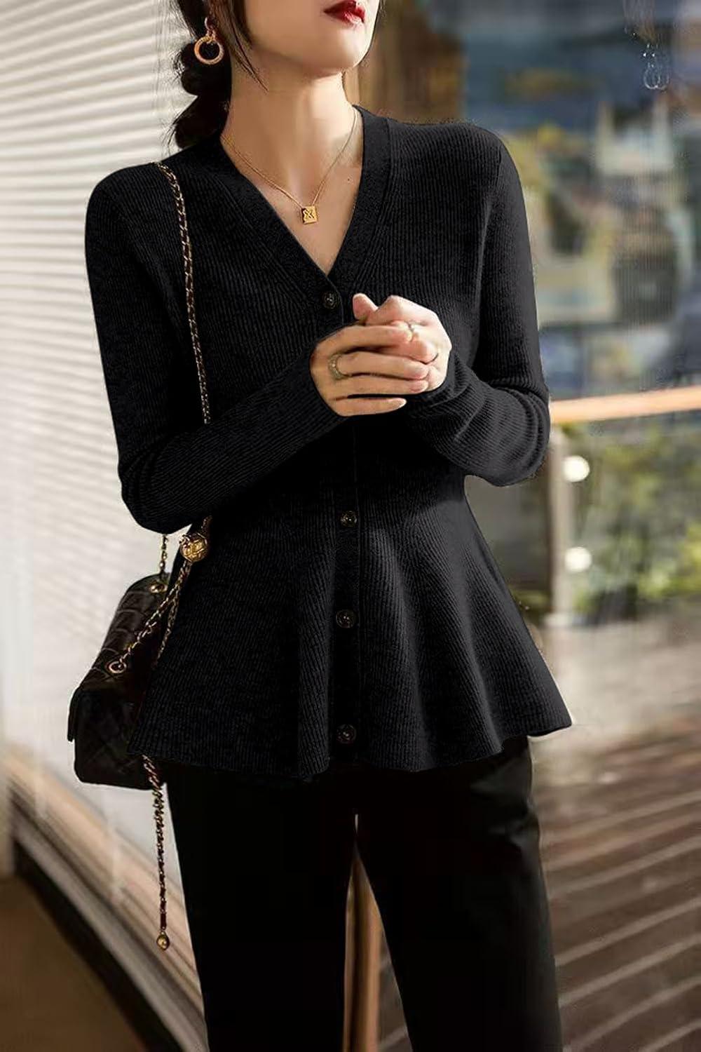 imagechouyatou Womens Fall Lightweight Peplum Cardigan Sweater Button Down Cardigan Jacket Business Casual TopBlack