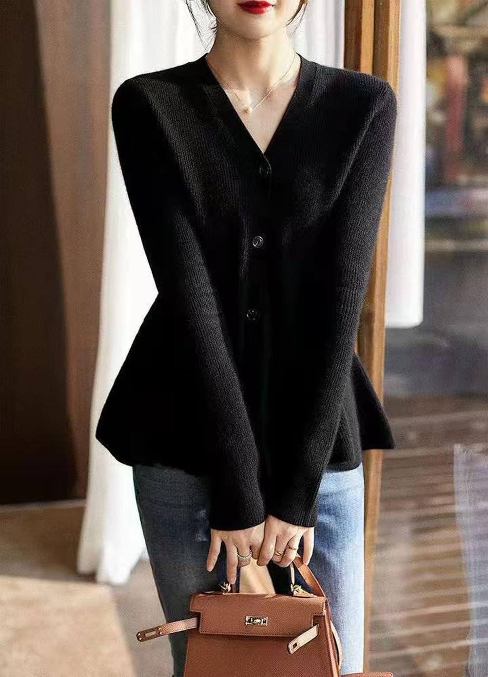 imagechouyatou Womens Fall Lightweight Peplum Cardigan Sweater Button Down Cardigan Jacket Business Casual TopBlack