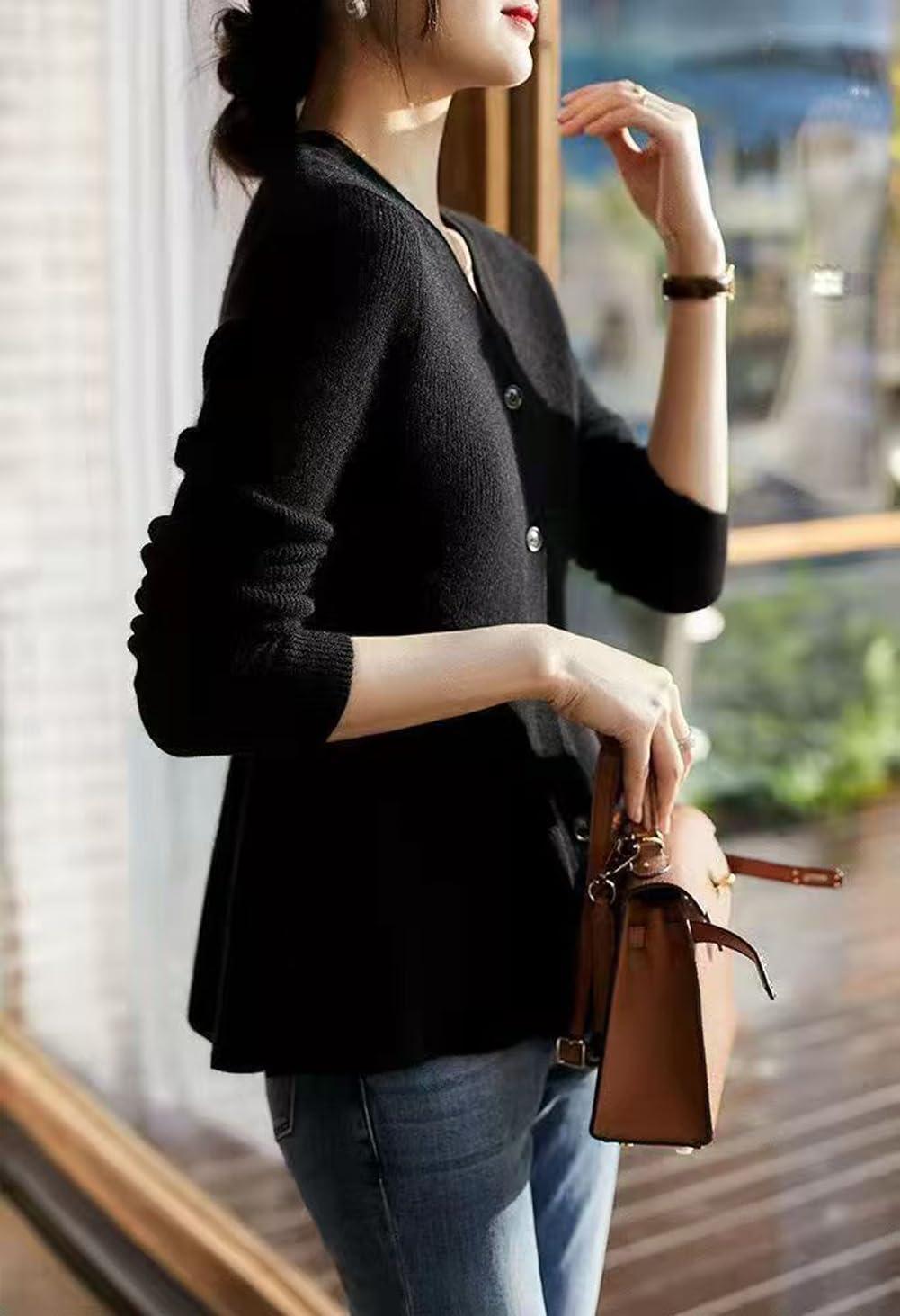 imagechouyatou Womens Fall Lightweight Peplum Cardigan Sweater Button Down Cardigan Jacket Business Casual TopBlack
