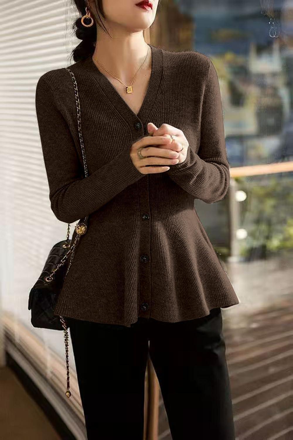 imagechouyatou Womens Fall Lightweight Peplum Cardigan Sweater Button Down Cardigan Jacket Business Casual TopBrown