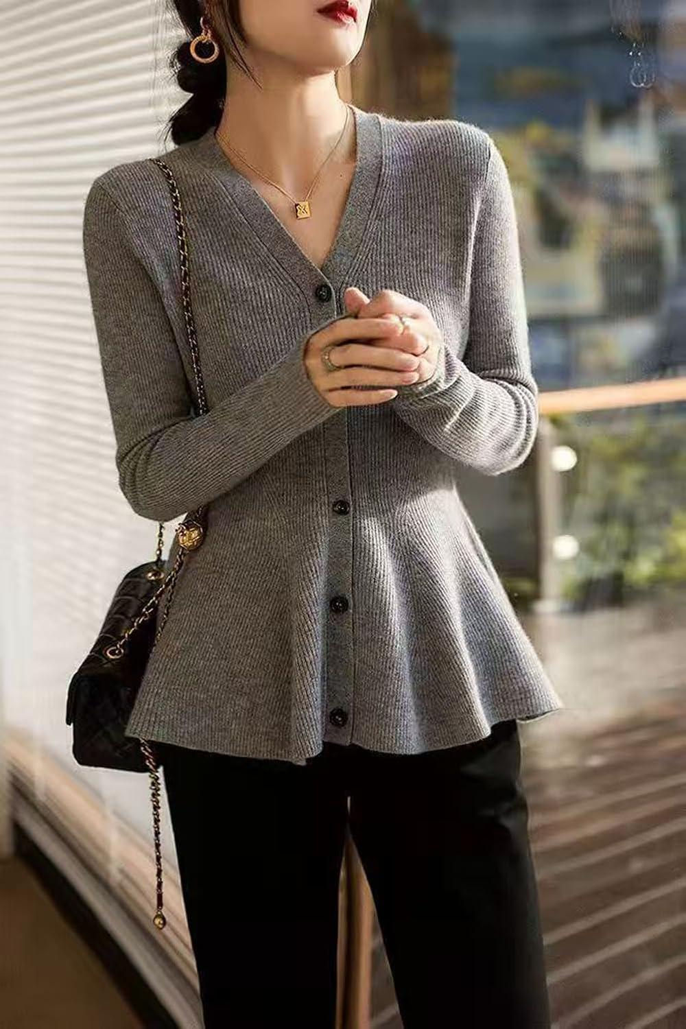 imagechouyatou Womens Fall Lightweight Peplum Cardigan Sweater Button Down Cardigan Jacket Business Casual TopGrey